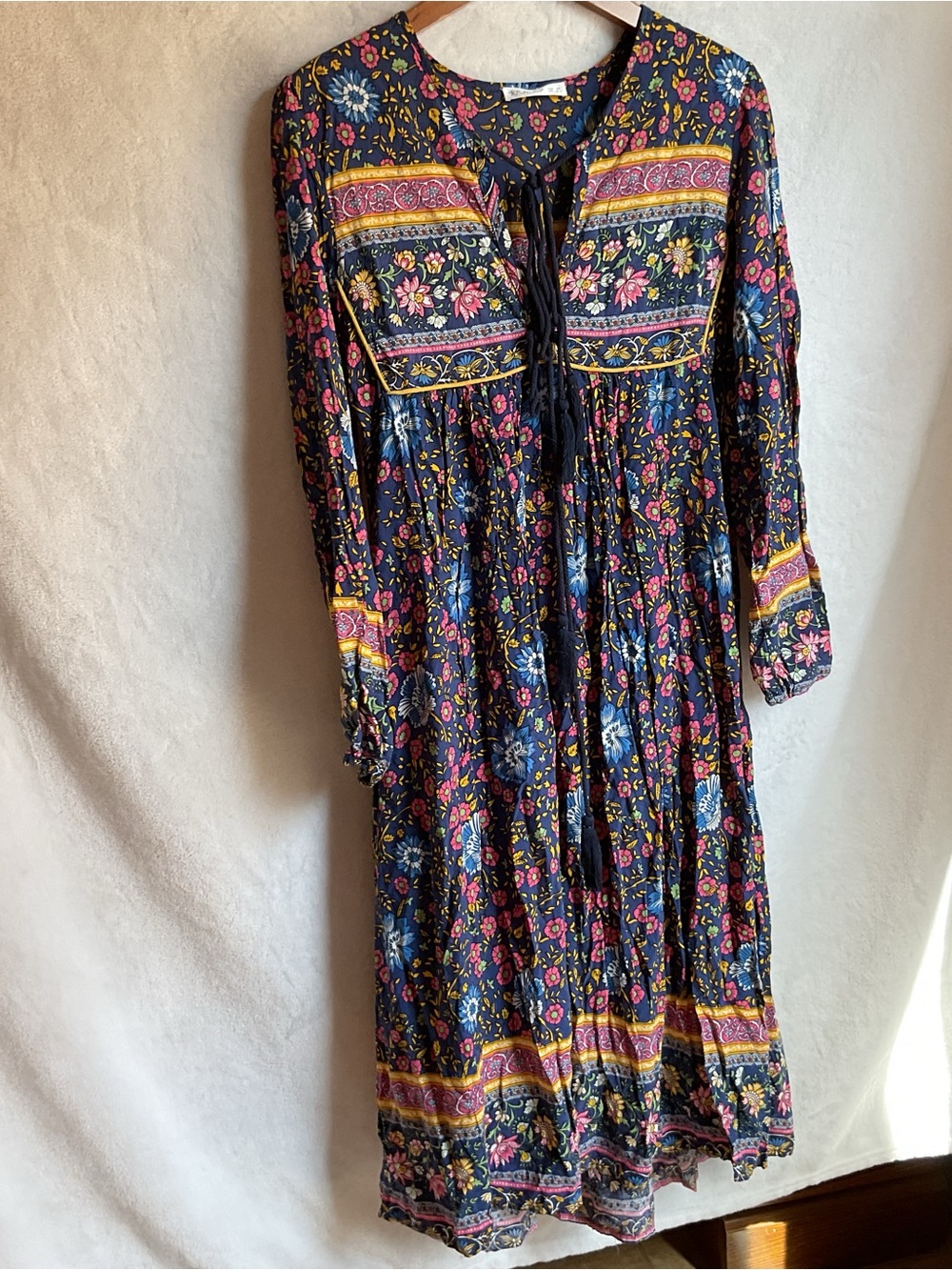 Floral Long Sleeve Dress Womens XS Tassels Cottagecore Boho